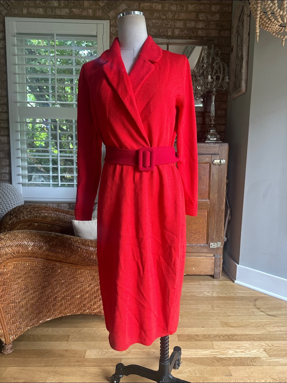 St. John VINTAGE MADE IN USA RED KNIT FAUX WRAP DRESS 6